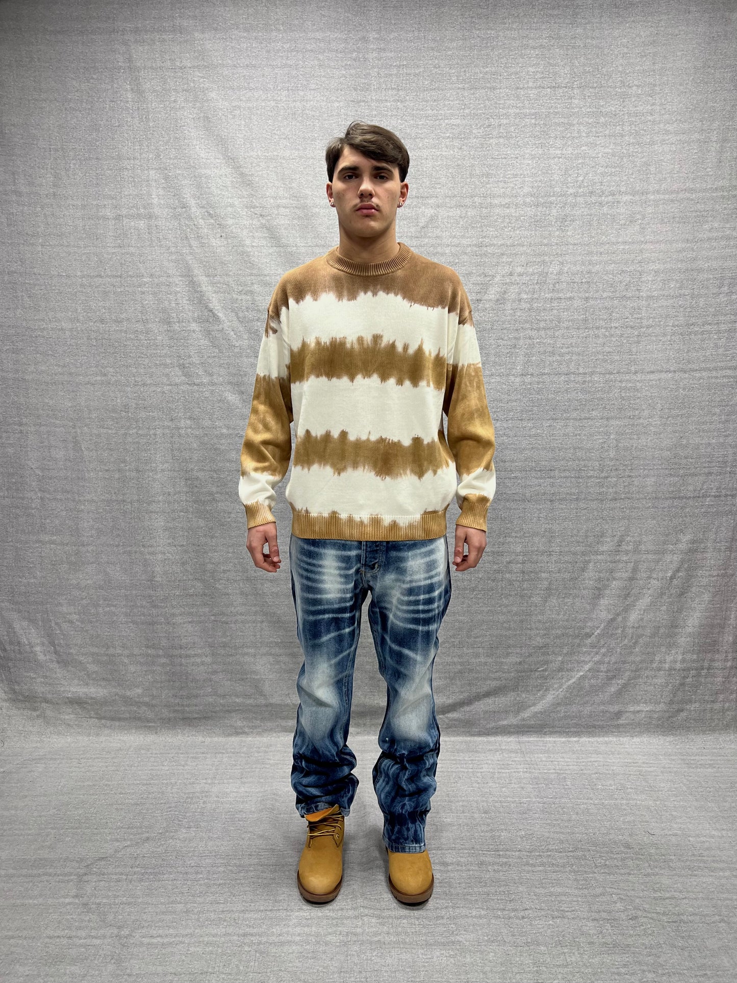 MAGLIONE RELAXED FIT BEIGE E BIANCO EFFETTO RIE DYE