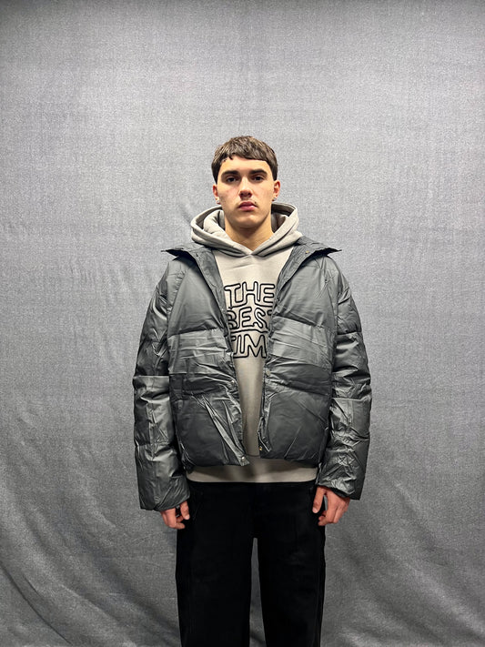 GIUBBINO PUFFER CROP FIT GRIGIO SCURO IMBOTTITO CON PELLICCIA RIMOVIBILE