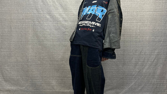 COORDINATO RELAXED FIT BLU INDACO SCURO E GRIGIO IN DENIM LAVAGGIO ZERO