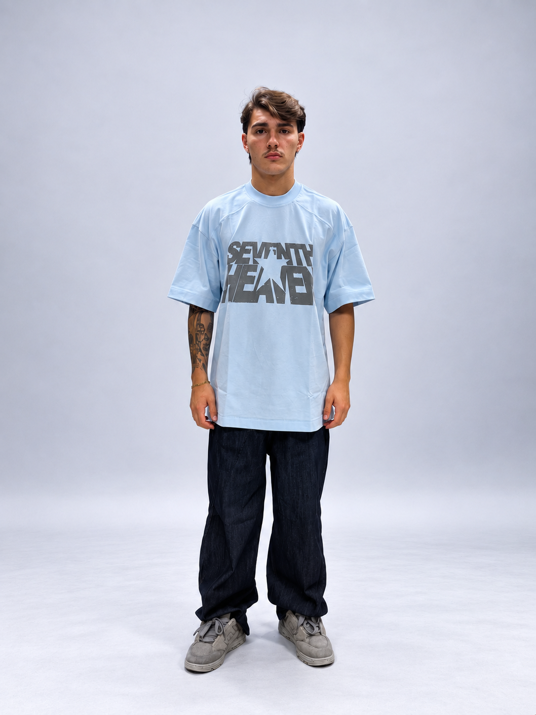 T-SHIRT BOXY FIT AZZURRA CON STAMPA GRAFICA RUVIDA IN RILIEVO
