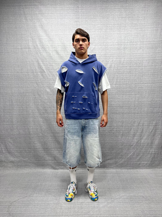 WASHED-OUT EFFECT SLEEVELESS BOXCIE FIT HOODIE IN BLUE