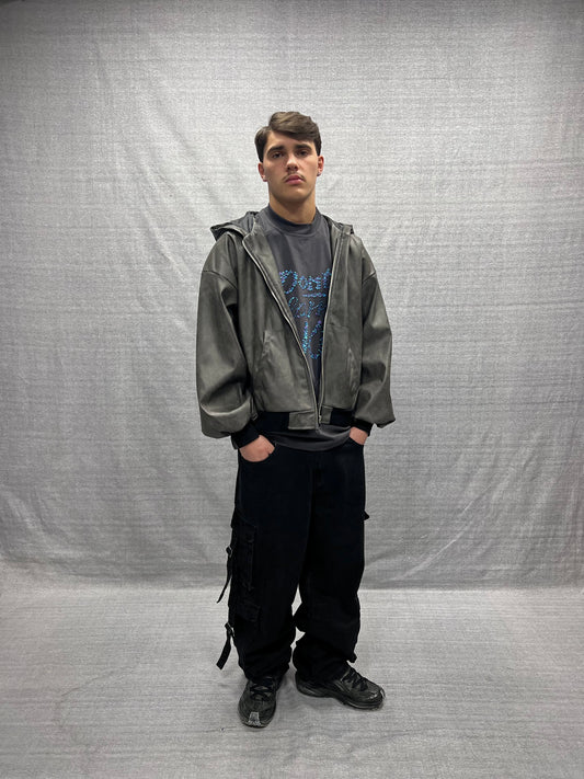 GIUBBINO BOMBER CROP FIT ANTRACITE CON CAPPUCCIO IN ECOPELLE