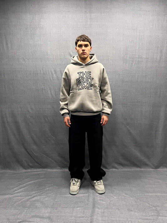 FELPA BOXY FIT GRIGIA CON CAPPUCCIO E RICAMO