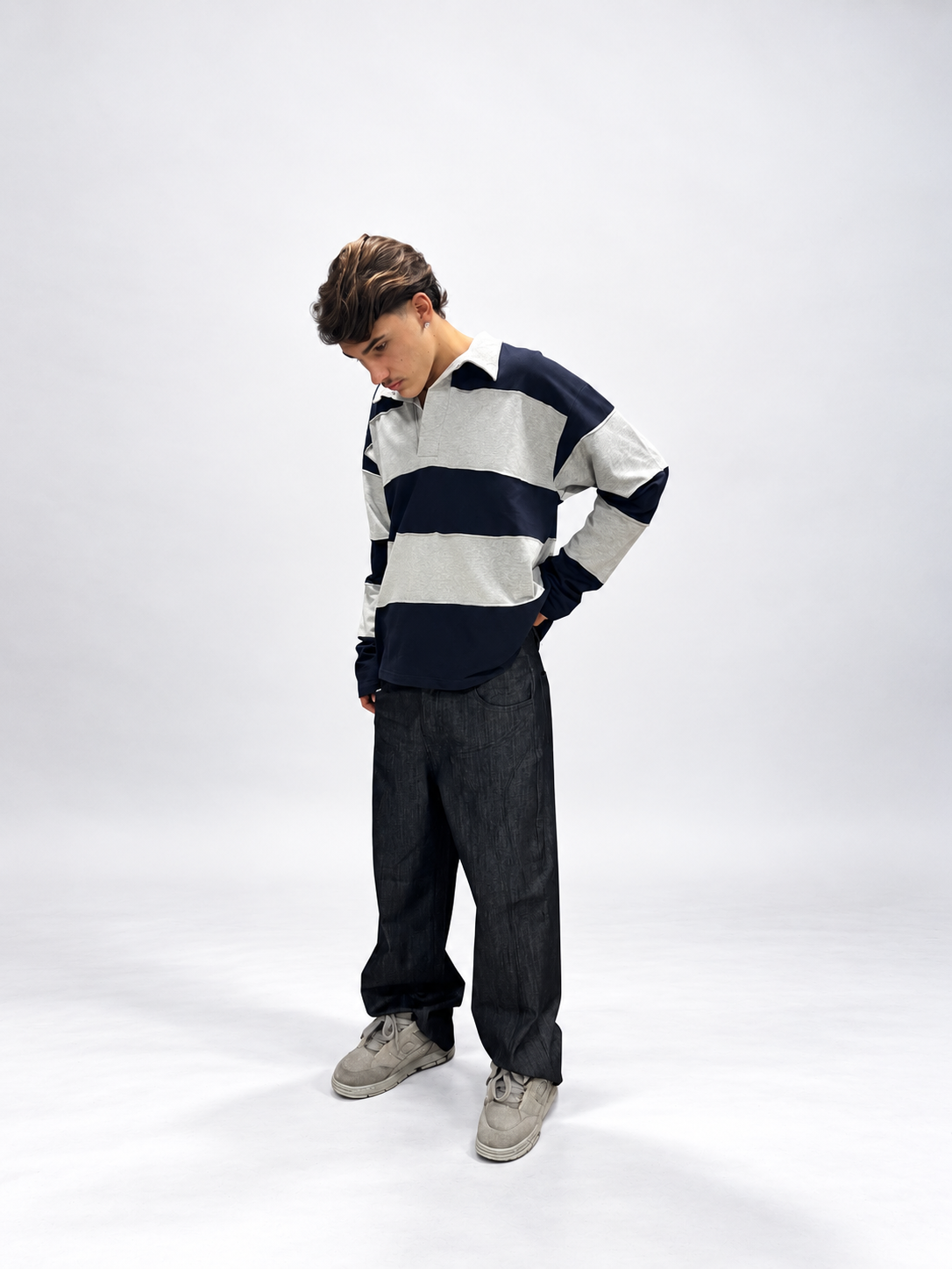POLO LONGSLEEVE RELAXED FIT GRIGIA E BLU A RIGHE