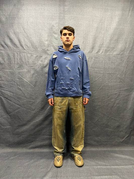 FELPA BOXY FIT BLU CON CAPPUCCIO LACERATA CON STAMPA