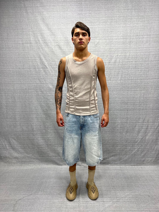 BEIGE BASIC RIBBED TANK TOP WITH OVERLOCK STITCHING