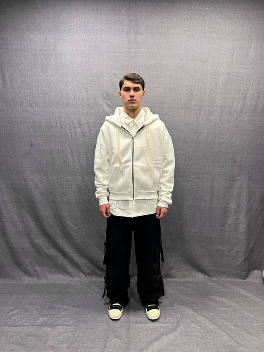 FELPA BOXY FIT BIANCA CON CAPPUCCIO E CERNIERA