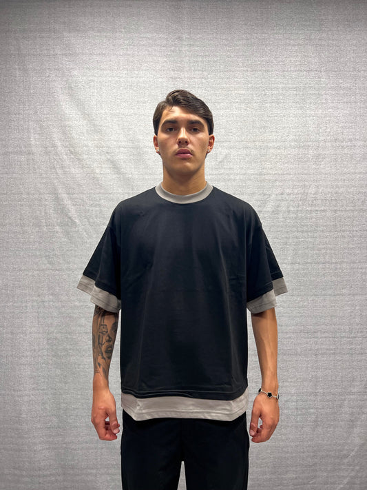 BLACK AND DOVE GREY BOXY FIT T-SHIRT WITH DOUBLE SLEEVES AND GRAPHIC PRINT