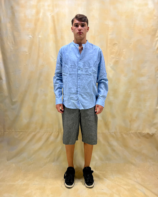 CAMICIA REGULAR FIT AZZURRA COLLO COREANO IN MISTO LINO