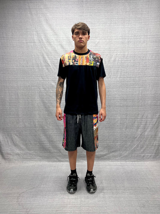 BLACK BOXY FIT T-SHIRT WITH EMBROIDERED SUBLIMATION GRAPHIC PRINT