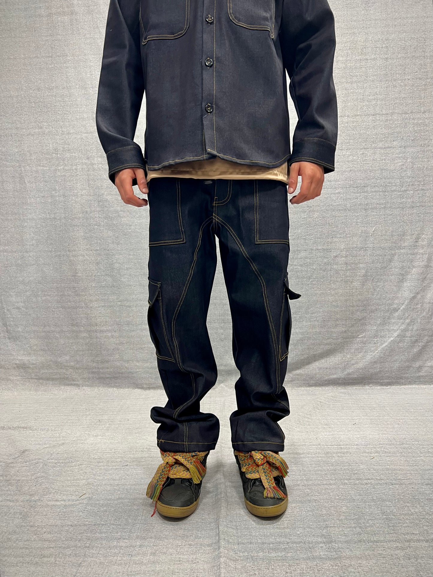 COORDINATO RELAXED FIT CARGO BLU INDACO SCURO RAW DENIM