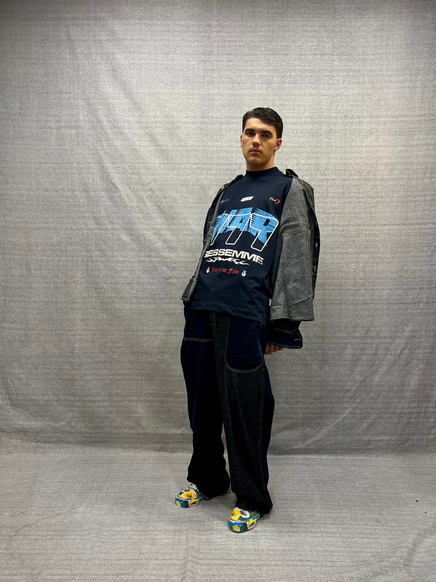 COORDINATO RELAXED FIT BLU INDACO SCURO E GRIGIO IN DENIM LAVAGGIO ZERO