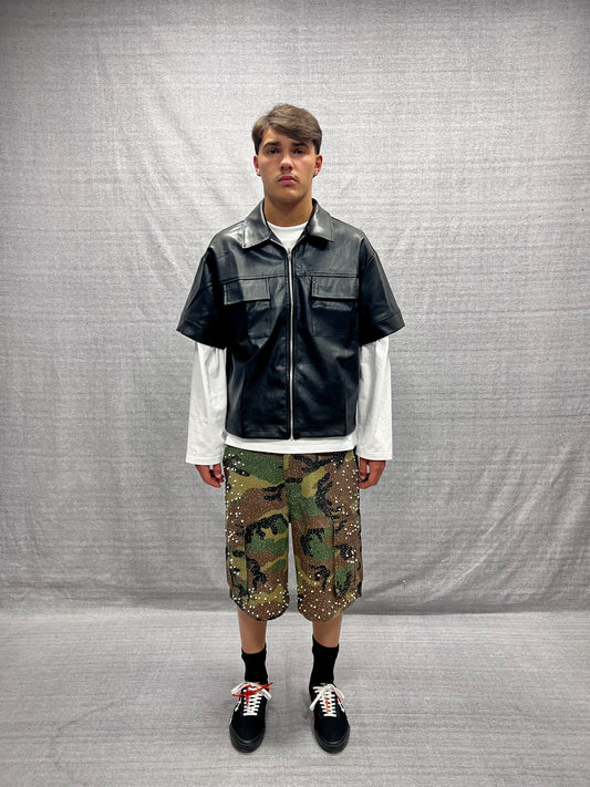BERMUDA JORTS CARGO CAMPUFLAGE MILITARE CON BRILLANTINI E PERLE