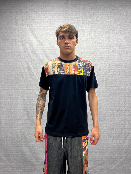 BLACK BOXY FIT T-SHIRT WITH EMBROIDERED SUBLIMATION GRAPHIC PRINT