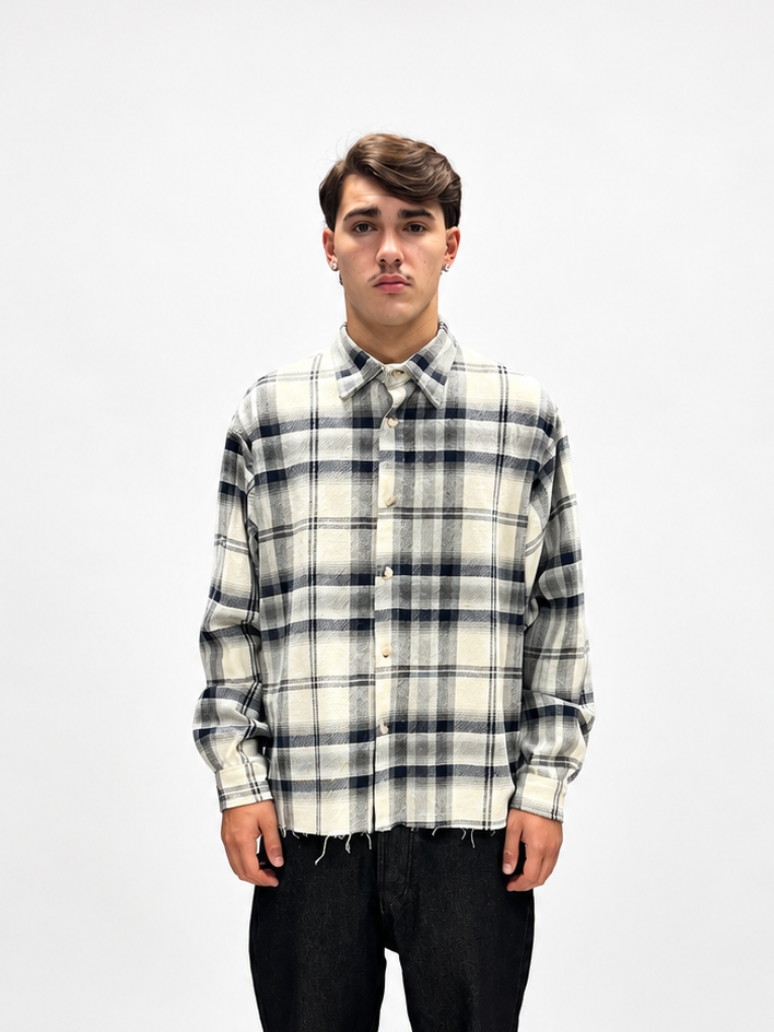 CAMICIA OVERSIZE FIT BIANCA E BLU CON STRUTTURA A QUADRI PLAID IN COTONE