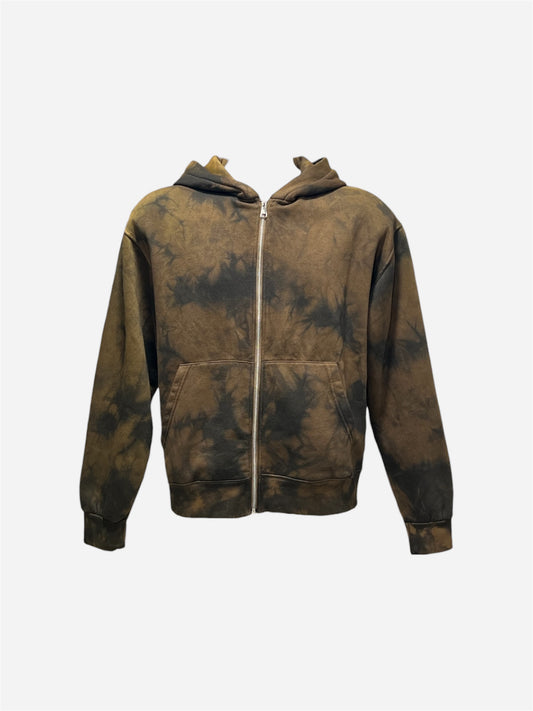 FELPA BOXY CROPPED FIT MARRONE CON CAPPUCCIO E CERNIERA EFFETTO TIE DYE