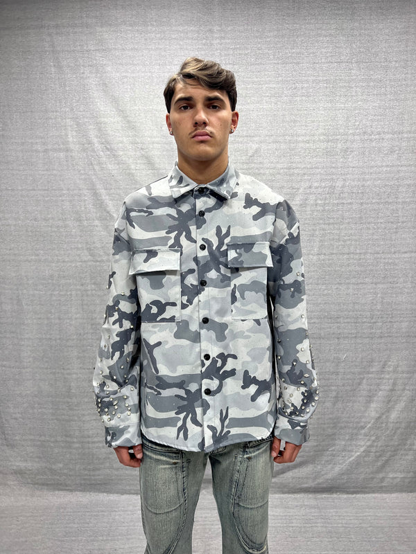 CAMICIA RELAXED FIT GRIGIA CAMOUFLAGE MILITARE CON BRILLANTINI E APPLICAZIONI
