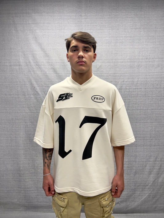 T-SHIRT JERSEY BOXY FIT PANNA CON SCOLLO A V E STAMPA GRAFICA IN RILIEVO