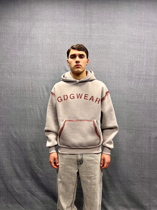 FELPA BOXY FIT GRIGIA CON CAPPUCCIO E STAMPA GRAFICA CON PROFILI FATTI A MANO