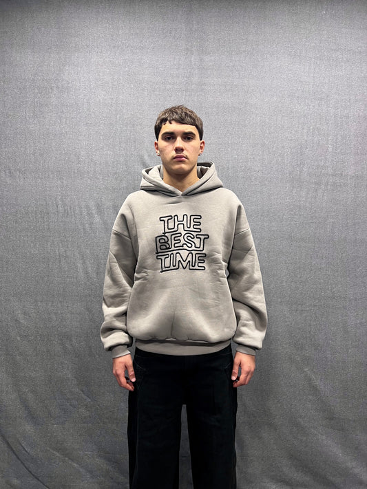 FELPA BOXY FIT GRIGIA CON CAPPUCCIO E RICAMO