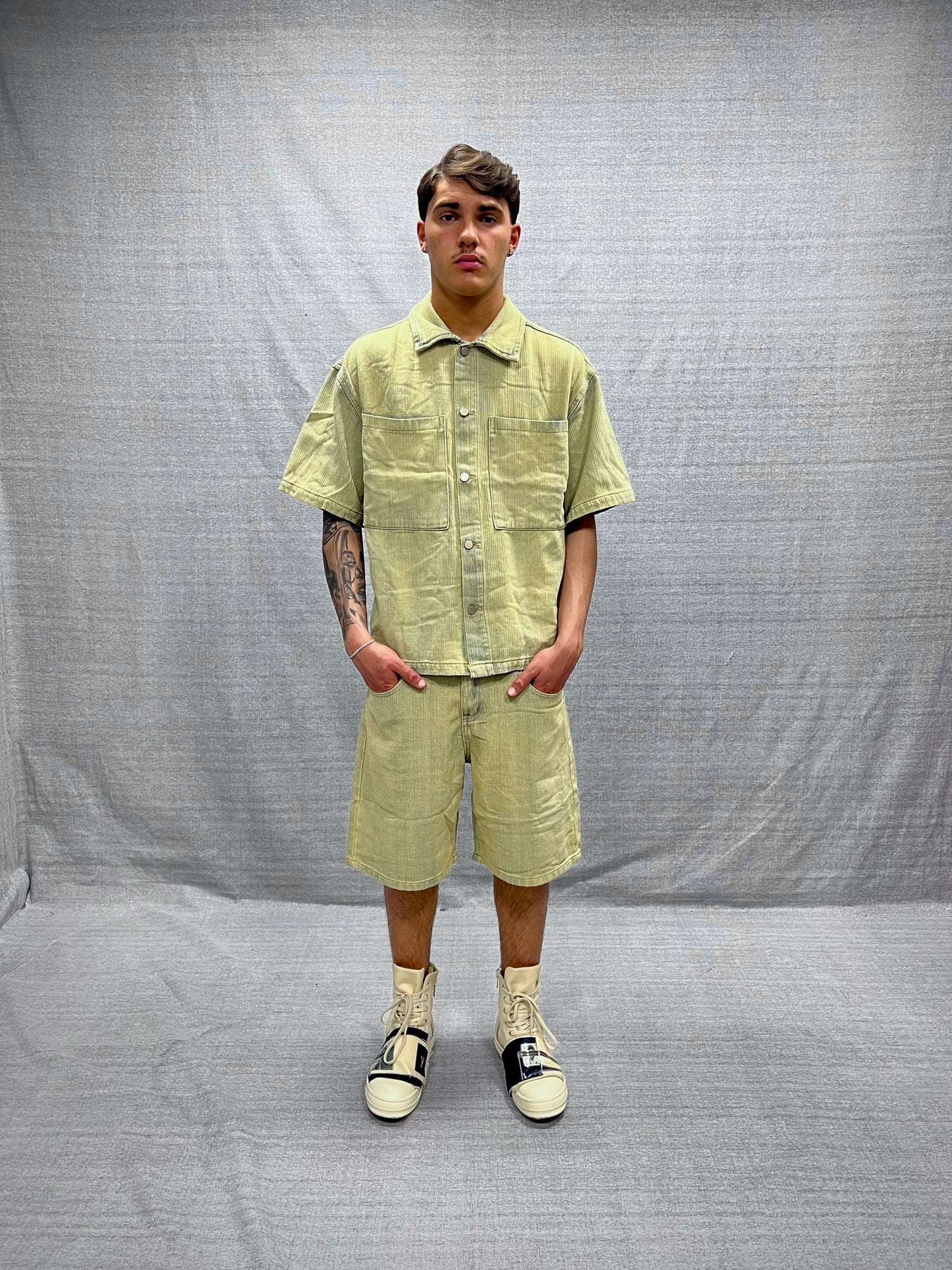 COORDINATO RELAXED FIT BEIGE LAVAGGIO SABBIATO GRAFFIATO IN DENIM