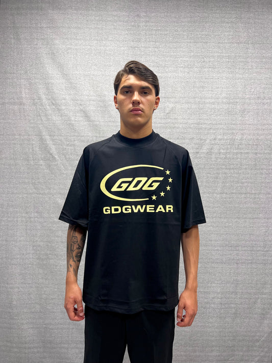 BLACK BOXY FIT T-SHIRT WITH RAGLAN SLEEVES AND GRAPHIC PRINT