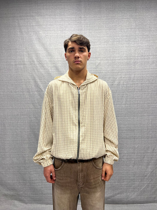 GIUBBINO CROP FIT BEIGE CON STRUTTURA A QUADRI CON CAPPUCCIO