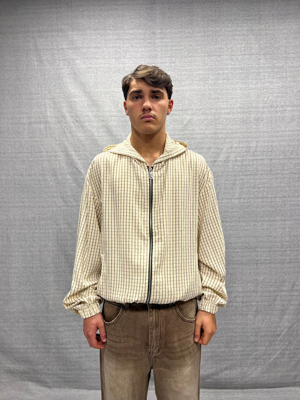 GIUBBINO CROP FIT BEIGE CON STRUTTURA A QUADRI CON CAPPUCCIO