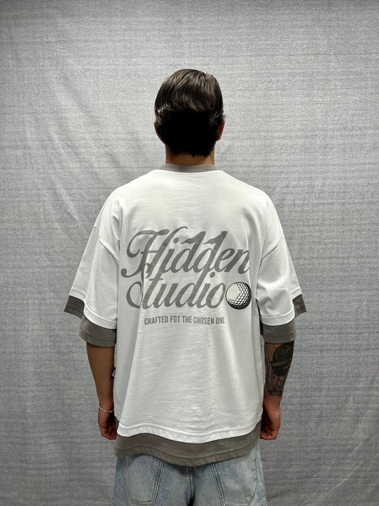 WHITE AND DOVE GRAY BOXY FIT T-SHIRT WITH DOUBLE SLEEVES AND GRAPHIC PRINT