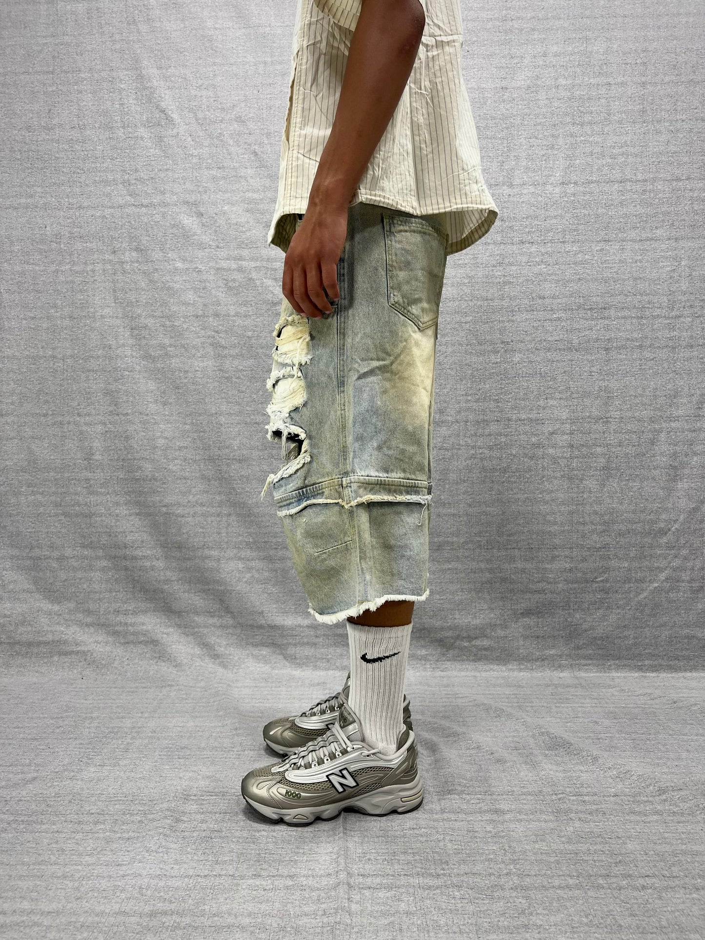 BERMUDA JORTS BLU INDACO MEDIO CON ROTTURE LAVAGGIO SABBIATO