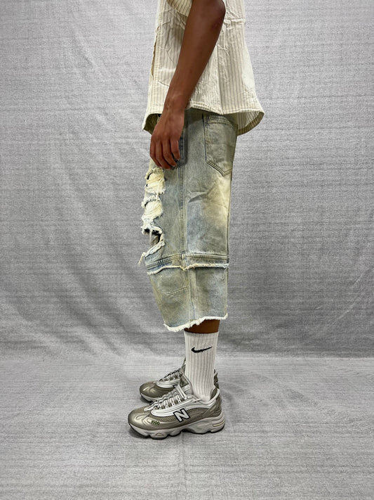 BERMUDA JORTS BLU INDACO MEDIO CON ROTTURE LAVAGGIO SABBIATO