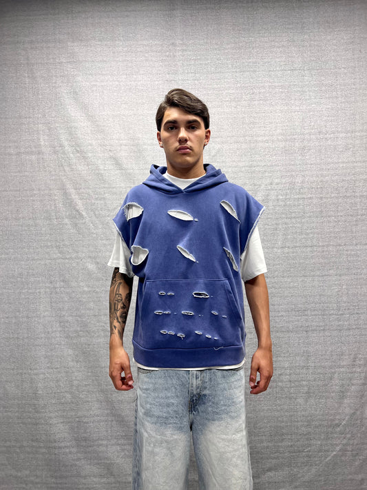 WASHED-OUT EFFECT SLEEVELESS BOXCIE FIT HOODIE IN BLUE