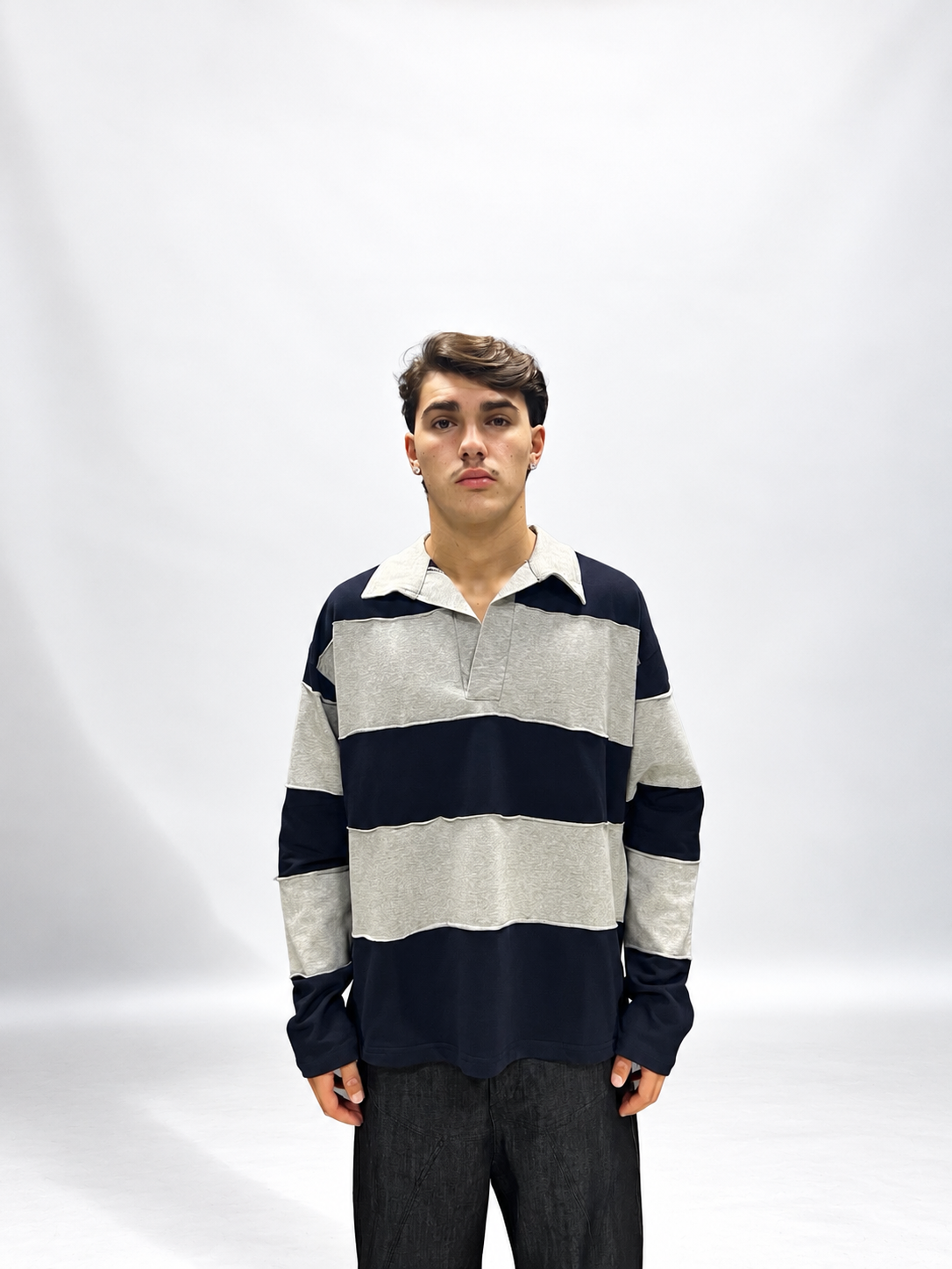 POLO LONGSLEEVE RELAXED FIT GRIGIA E BLU A RIGHE