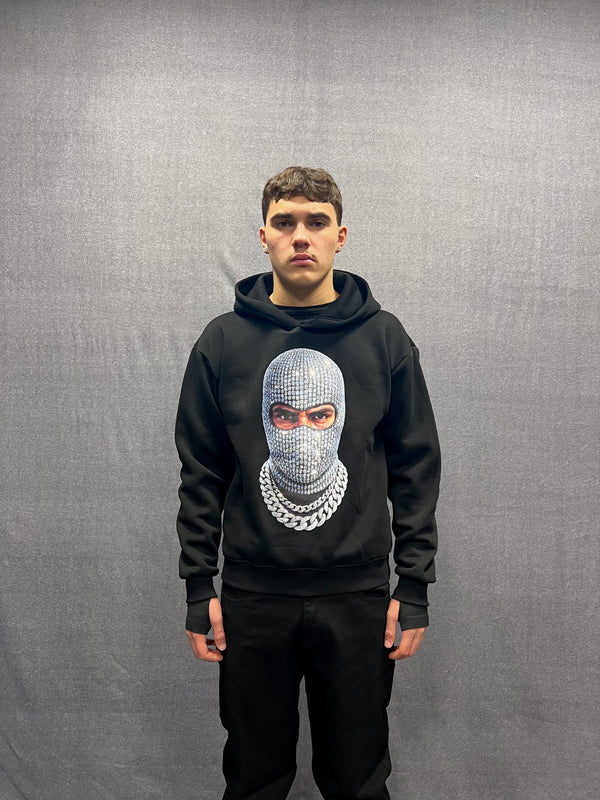 FELPA BOXY FIT NERA CON CAPPUCCIO E STAMPA GRAFICA