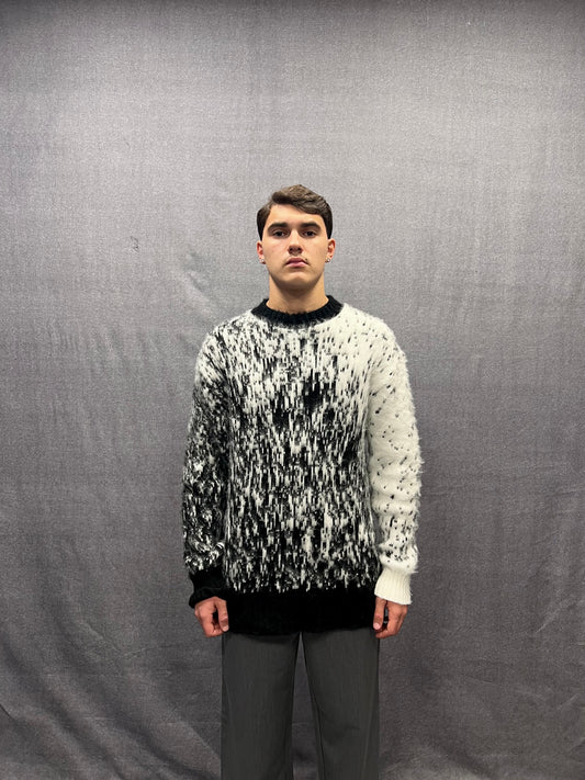 MAGLIONE JACQUARD NERO GRIGIO E BIANCO SPAZZOLATO