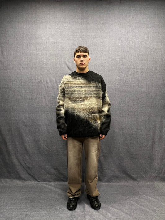 MAGLIONE JACQUARD OVERSIZE FIT NERO E BEIGE SPAZZOLATO