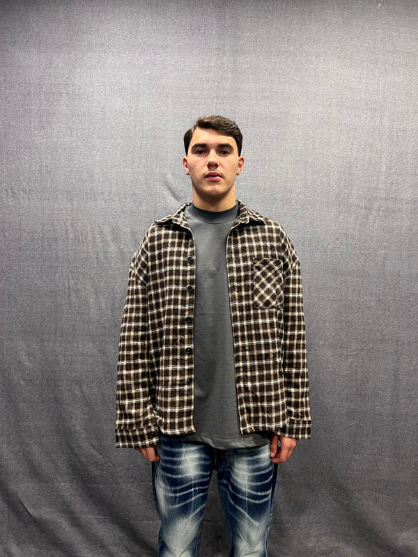 CAMICIA REGULAR FIT MARRONE CON STRUTTURA A QUADRI PLAID IN FLANELLA