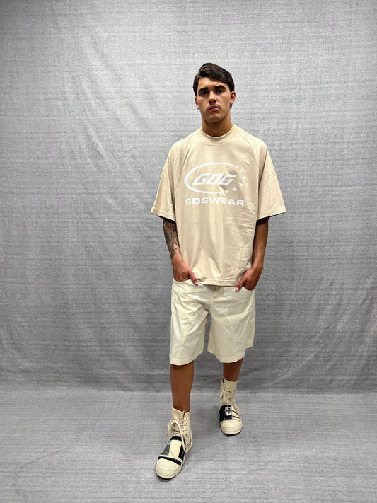 BEIGE BOX FIT T-SHIRT WITH RAGLAN SLEEVES AND GRAPHIC PRINT