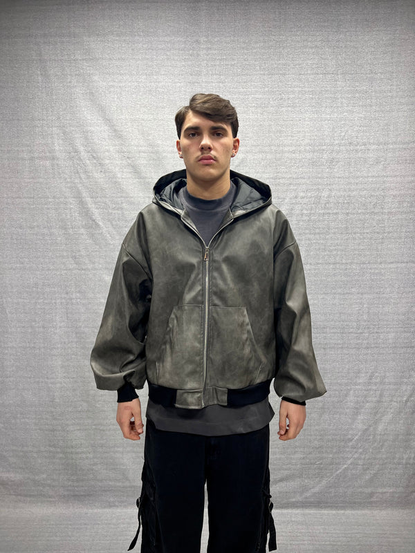 GIUBBINO BOMBER CROP FIT ANTRACITE CON CAPPUCCIO IN ECOPELLE