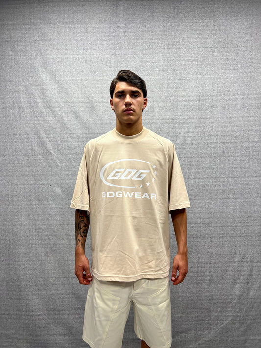 BEIGE BOX FIT T-SHIRT WITH RAGLAN SLEEVES AND GRAPHIC PRINT